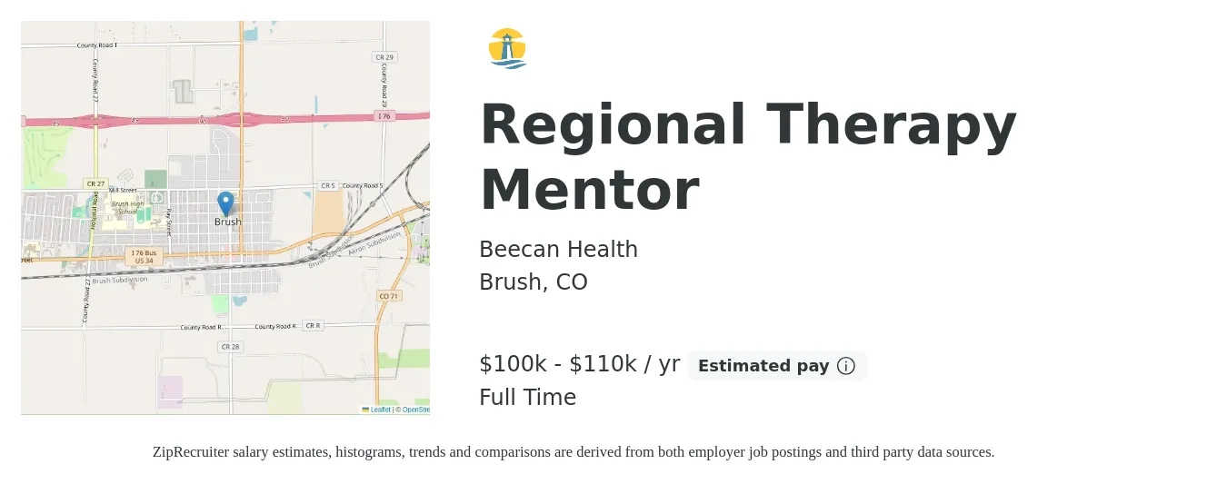 Beecan Health job posting for a Regional Therapy Mentor in Brush, CO with a salary of $100,000 to $110,000 Yearly with a map of Brush location.