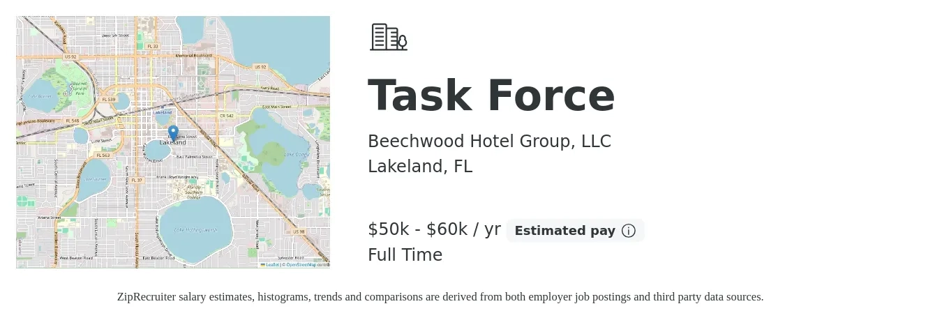 Beechwood Hotel Group, LLC job posting for a Task Force in Lakeland, FL with a salary of $50,000 to $60,000 Yearly with a map of Lakeland location.