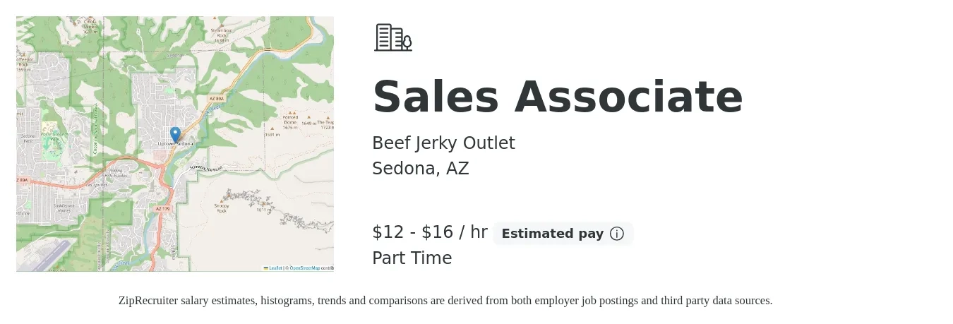 Beef Jerky Outlet job posting for a Sales Associate in Sedona, AZ with a salary of $13 to $17 Hourly with a map of Sedona location.