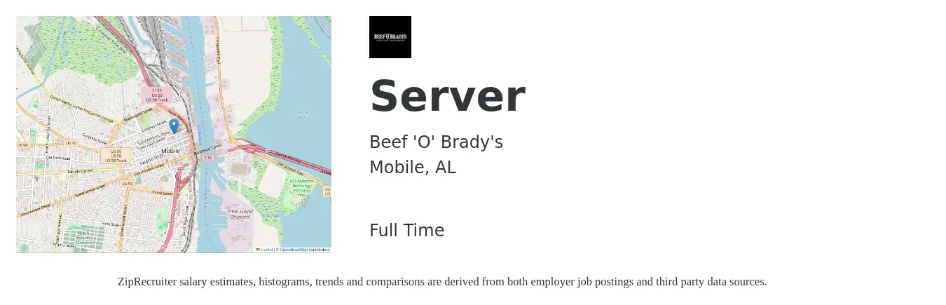 Beef 'O' Brady's job posting for a Server in Mobile, AL with a salary of $9 to $15 Hourly with a map of Mobile location.