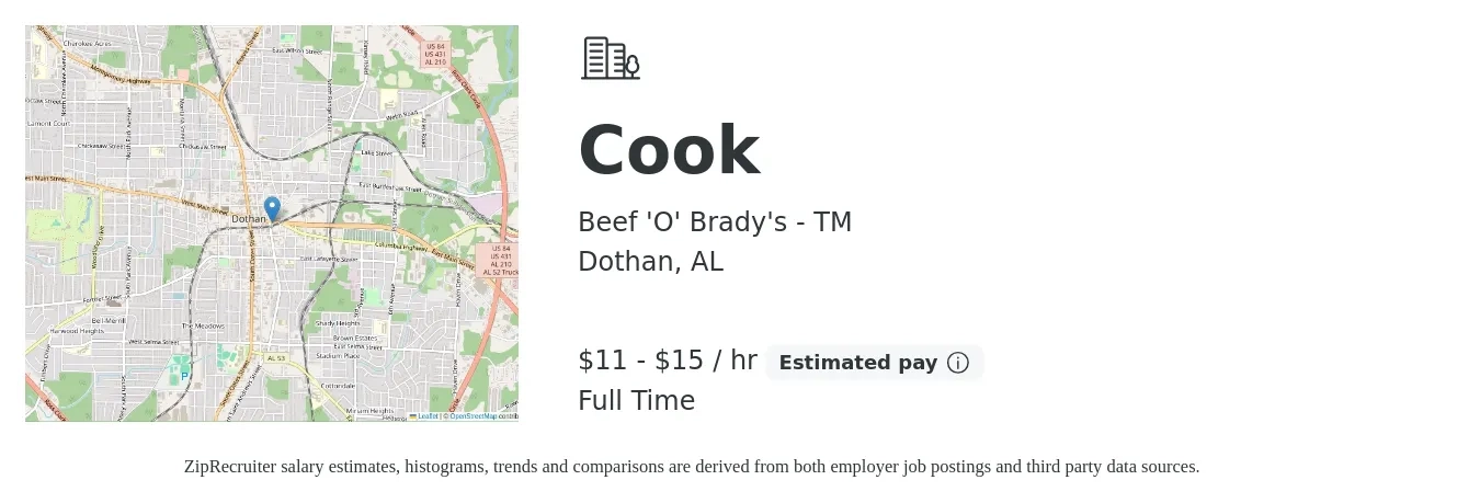 Beef 'O' Brady's - TM job posting for a Cook in Dothan, AL with a salary of $12 to $16 Hourly with a map of Dothan location.