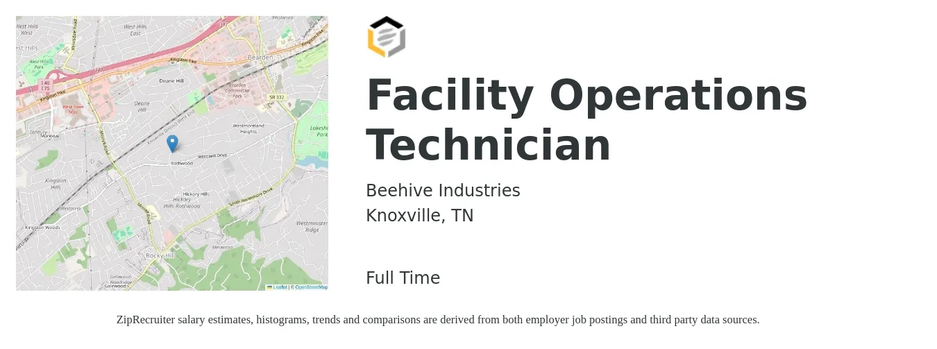 Beehive Industries job posting for a Facility Operations Technician in Knoxville, TN with a salary of $18 to $26 Hourly with a map of Knoxville location.