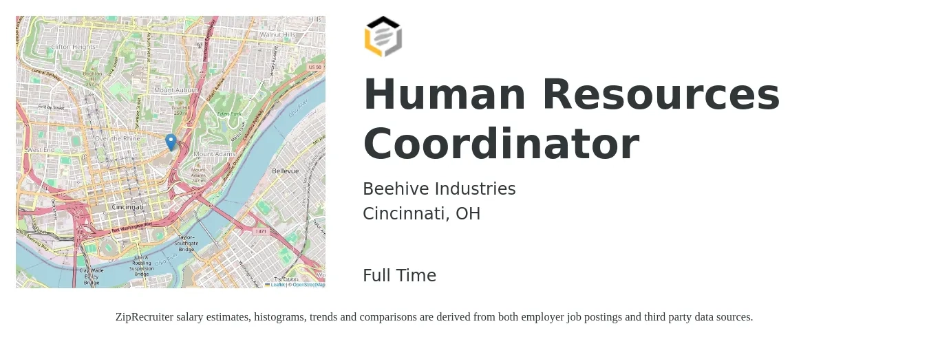 Beehive Industries job posting for a Human Resources Coordinator in Cincinnati, OH with a salary of $20 to $26 Hourly with a map of Cincinnati location.