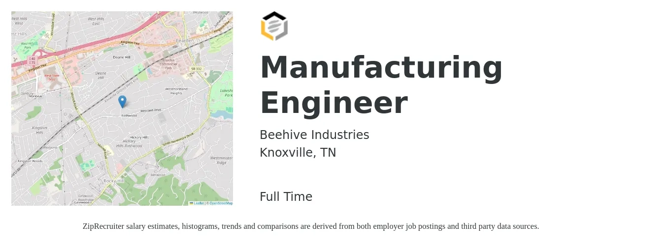 Beehive Industries job posting for a Manufacturing Engineer in Knoxville, TN with a salary of $69,700 to $89,700 Yearly with a map of Knoxville location.