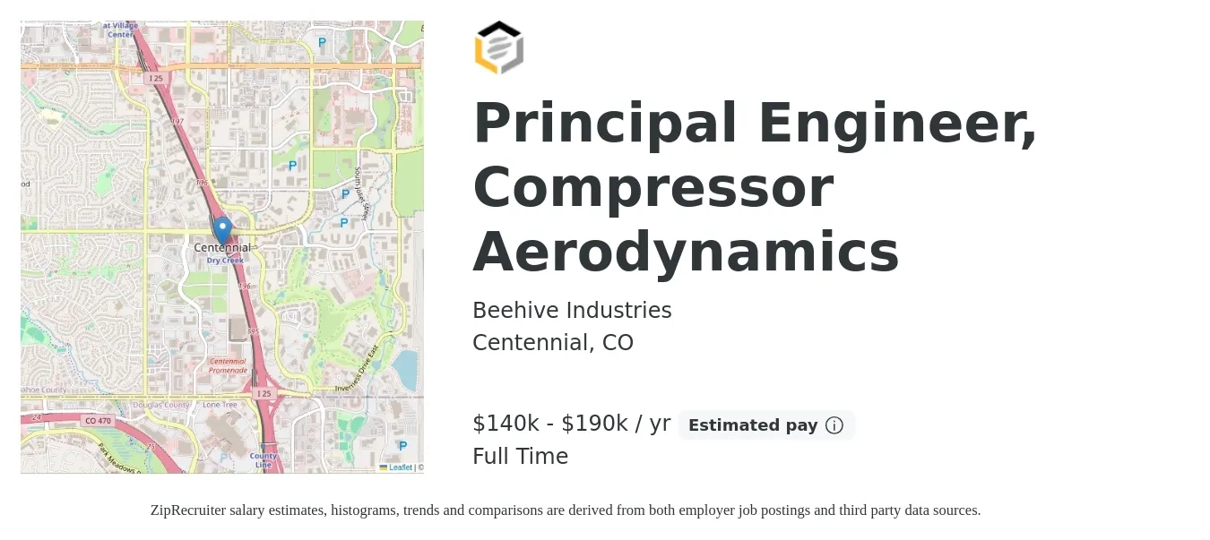 Beehive Industries job posting for a Principal Engineer, Compressor Aerodynamics in Centennial, CO with a salary of $140,000 to $190,000 Yearly with a map of Centennial location.