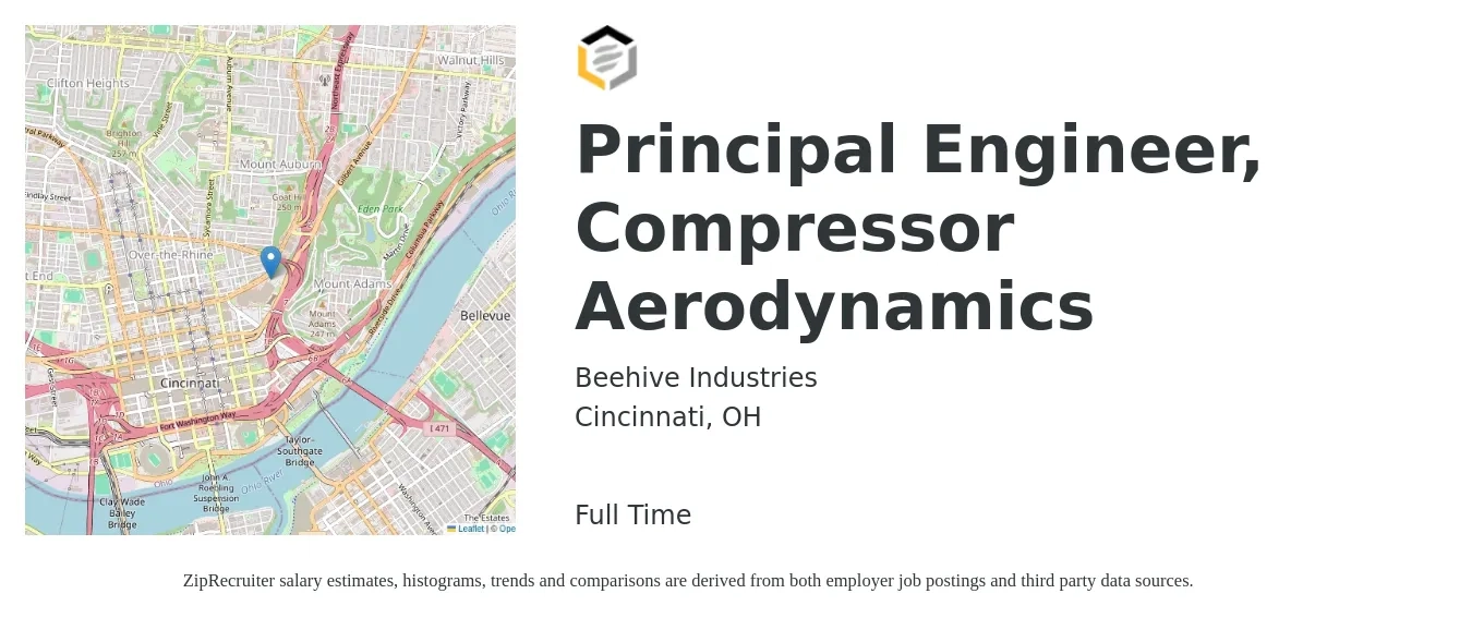 Beehive Industries job posting for a Principal Engineer, Compressor Aerodynamics in Cincinnati, OH with a salary of $109,300 to $159,600 Yearly with a map of Cincinnati location.