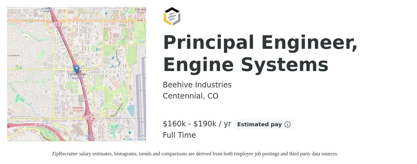 Beehive Industries job posting for a Principal Engineer, Engine Systems in Centennial, CO with a salary of $160,000 to $190,000 Yearly with a map of Centennial location.