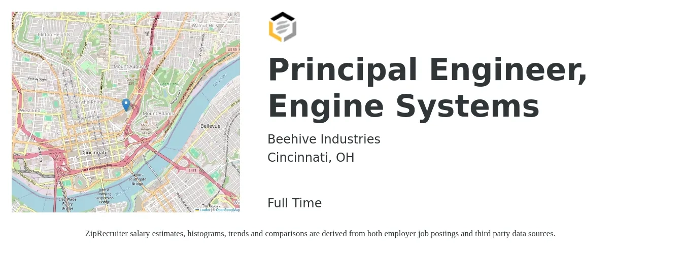 Beehive Industries job posting for a Principal Engineer, Engine Systems in Cincinnati, OH with a salary of $115,100 to $167,900 Yearly with a map of Cincinnati location.
