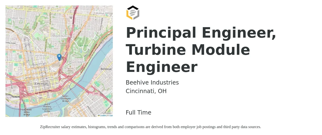 Beehive Industries job posting for a Principal Engineer, Turbine Module Engineer in Cincinnati, OH with a salary of $113,700 to $166,000 Yearly with a map of Cincinnati location.