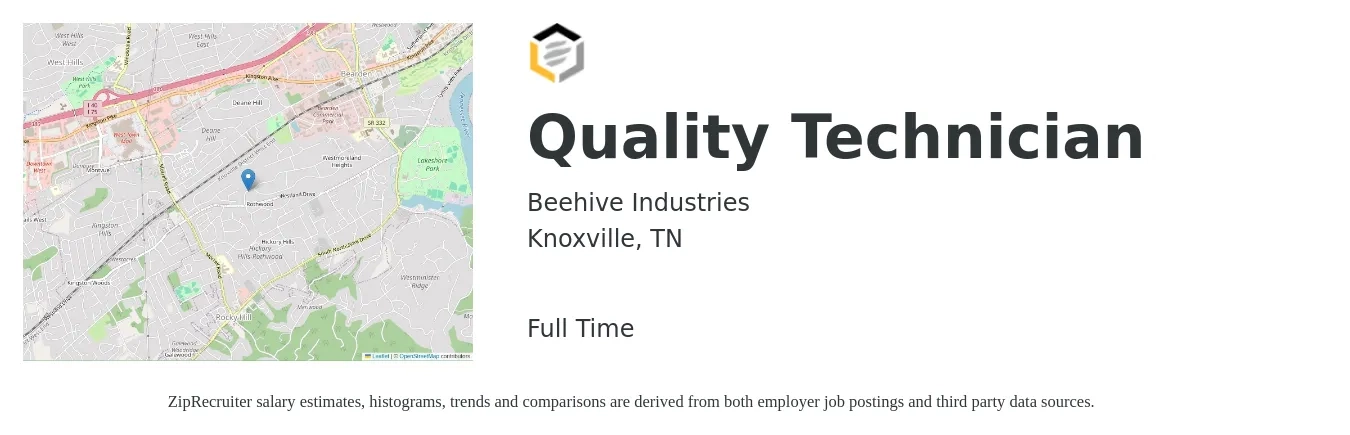 Beehive Industries job posting for a Quality Technician in Knoxville, TN with a salary of $17 to $23 Hourly with a map of Knoxville location.