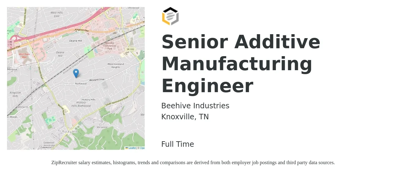 Beehive Industries job posting for a Senior Additive Manufacturing Engineer in Knoxville, TN with a salary of $99,700 to $137,000 Yearly with a map of Knoxville location.