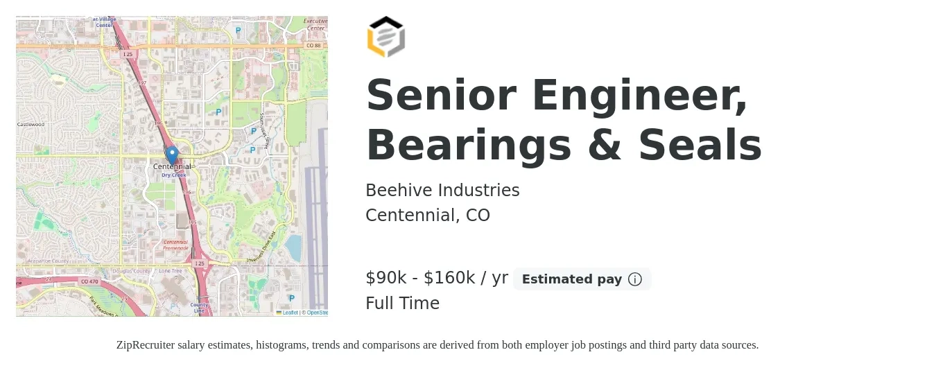 Beehive Industries job posting for a Senior Engineer, Bearings & Seals in Centennial, CO with a salary of $90,000 to $160,000 Yearly with a map of Centennial location.