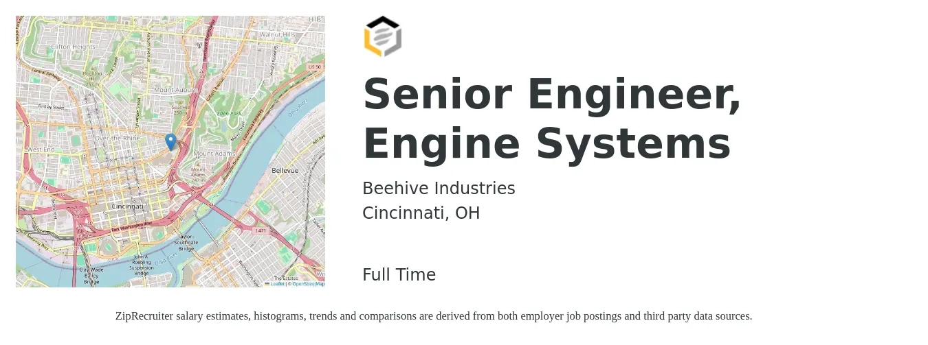Beehive Industries job posting for a Senior Engineer, Engine Systems in Cincinnati, OH with a salary of $100,300 to $137,200 Yearly with a map of Cincinnati location.