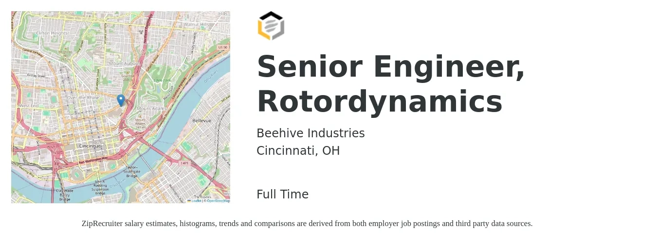 Beehive Industries job posting for a Senior Engineer, Rotordynamics in Cincinnati, OH with a salary of $100,300 to $137,700 Yearly with a map of Cincinnati location.