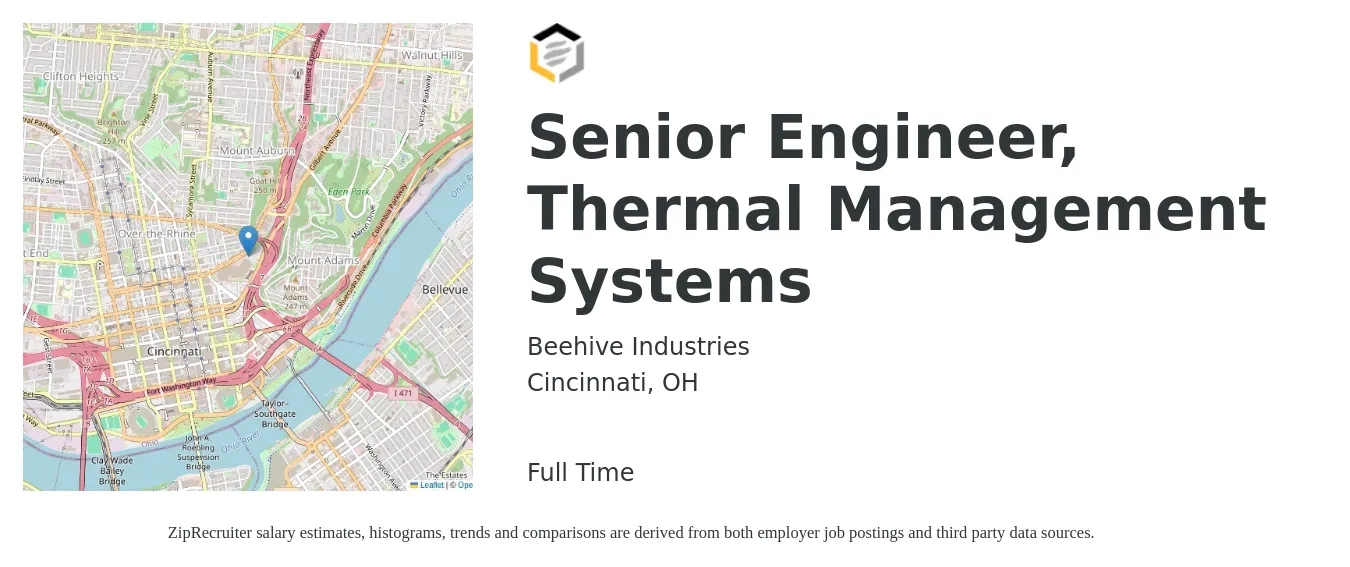 Beehive Industries job posting for a Senior Engineer, Thermal Management Systems in Cincinnati, OH with a salary of $100,300 to $137,200 Yearly with a map of Cincinnati location.