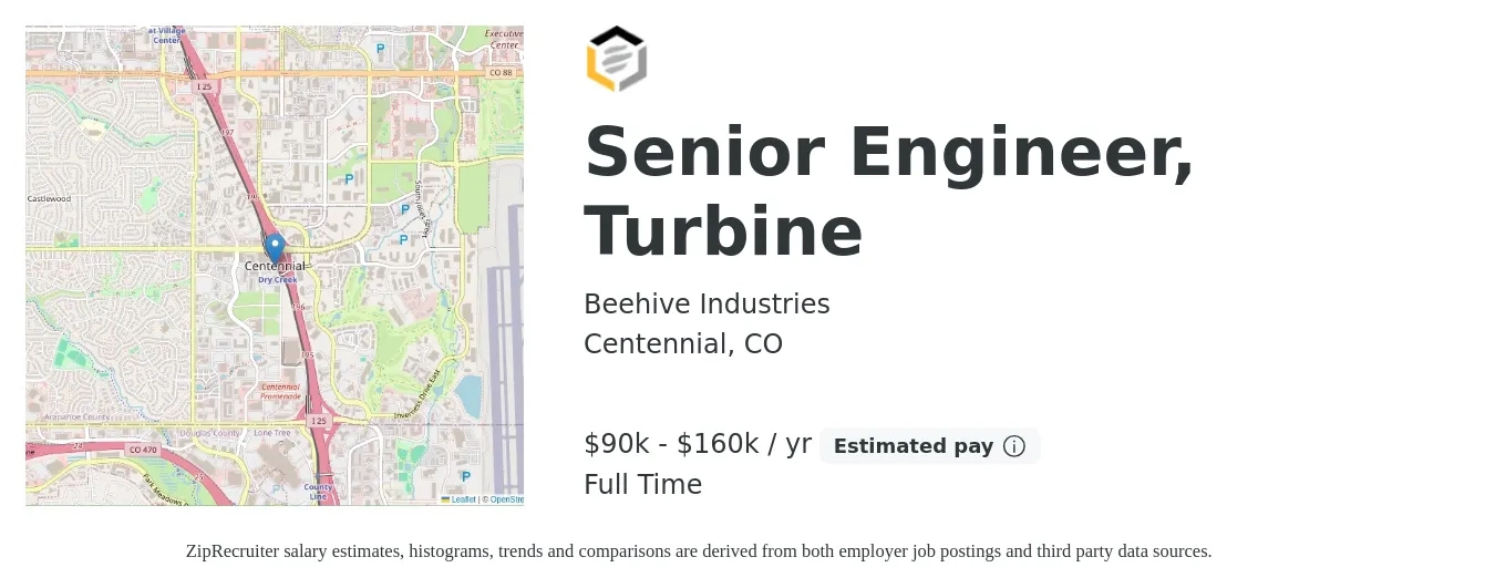 Beehive Industries job posting for a Senior Engineer, Turbine in Centennial, CO with a salary of $90,000 to $160,000 Yearly with a map of Centennial location.