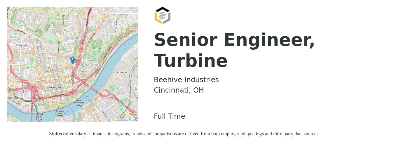 Beehive Industries job posting for a Senior Engineer, Turbine in Cincinnati, OH with a salary of $100,300 to $137,700 Yearly with a map of Cincinnati location.