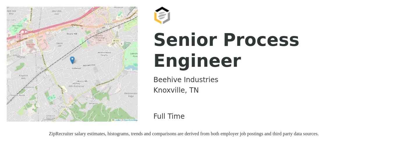Beehive Industries job posting for a Senior Process Engineer in Knoxville, TN with a salary of $99,300 to $128,400 Yearly with a map of Knoxville location.