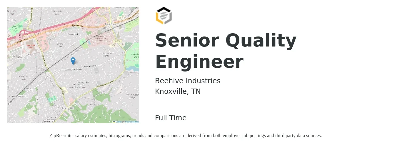 Beehive Industries job posting for a Senior Quality Engineer in Knoxville, TN with a salary of $84,500 to $114,500 Yearly with a map of Knoxville location.