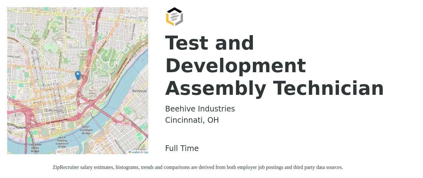 Beehive Industries job posting for a Test and Development Assembly Technician in Cincinnati, OH with a salary of $20 to $28 Hourly with a map of Cincinnati location.