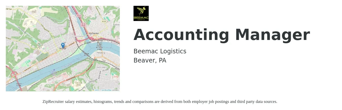 Beemac Logistics job posting for a Accounting Manager in Beaver, PA with a salary of $70,600 to $101,300 Yearly with a map of Beaver location.