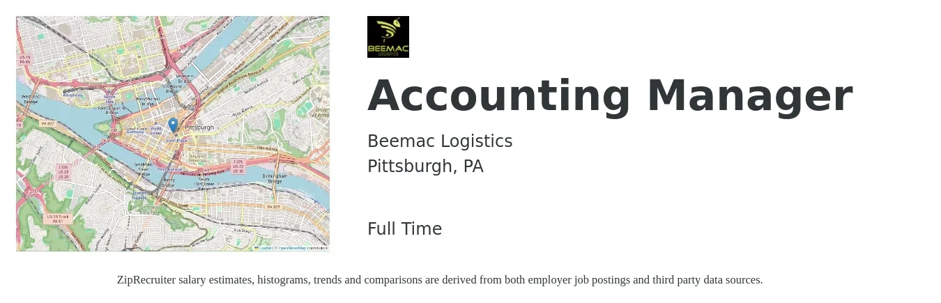 Beemac Logistics job posting for a Accounting Manager in Pittsburgh, PA with a salary of $75,700 to $108,700 Yearly with a map of Pittsburgh location.