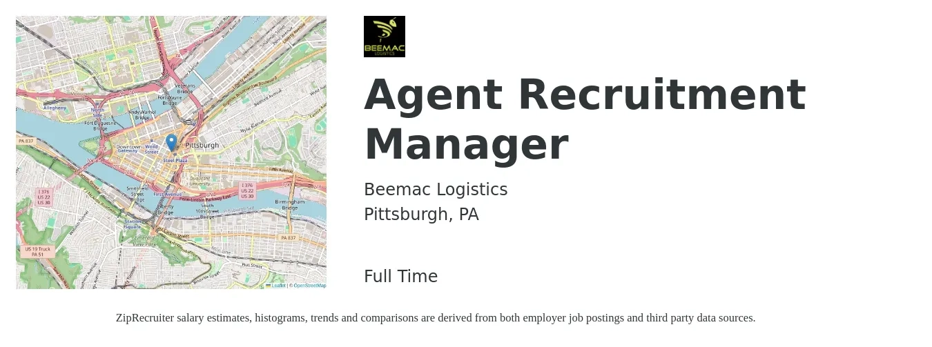 Beemac Logistics job posting for a Agent Recruitment Manager in Pittsburgh, PA with a salary of $49,500 to $76,700 Yearly with a map of Pittsburgh location.