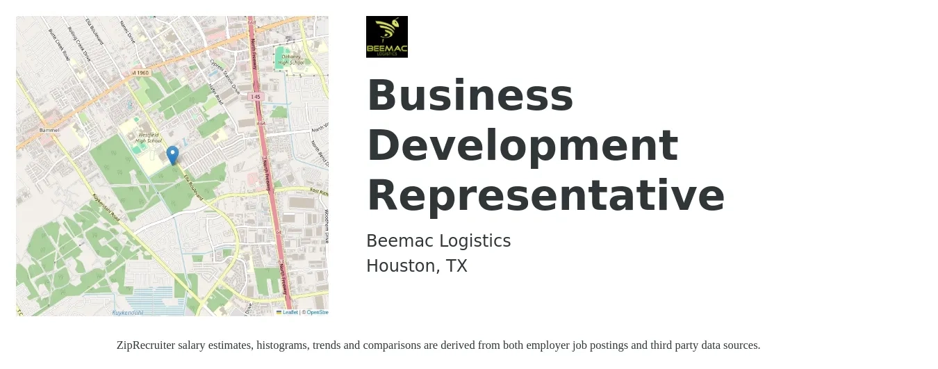 Beemac Logistics job posting for a Business Development Representative in Houston, TX with a salary of $43,600 to $67,800 Yearly with a map of Houston location.