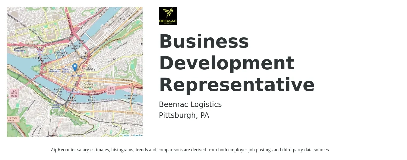 Beemac Logistics job posting for a Business Development Representative in Pittsburgh, PA with a salary of $41,100 to $63,900 Yearly with a map of Pittsburgh location.
