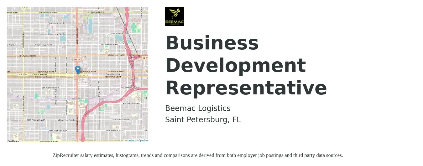 Beemac Logistics job posting for a Business Development Representative in Saint Petersburg, FL with a salary of $42,600 to $66,200 Yearly with a map of Saint Petersburg location.