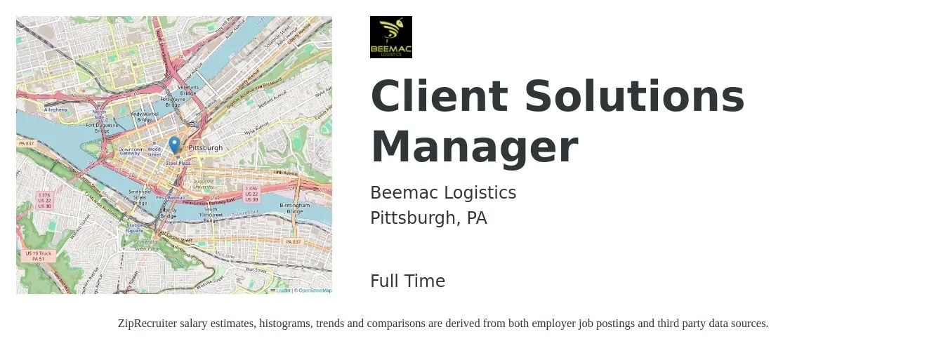 Beemac Logistics job posting for a Client Solutions Manager in Pittsburgh, PA with a salary of $59,200 to $103,900 Yearly with a map of Pittsburgh location.