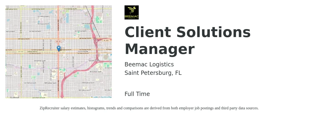 Beemac Logistics job posting for a Client Solutions Manager in Saint Petersburg, FL with a salary of $58,500 to $102,600 Yearly with a map of Saint Petersburg location.