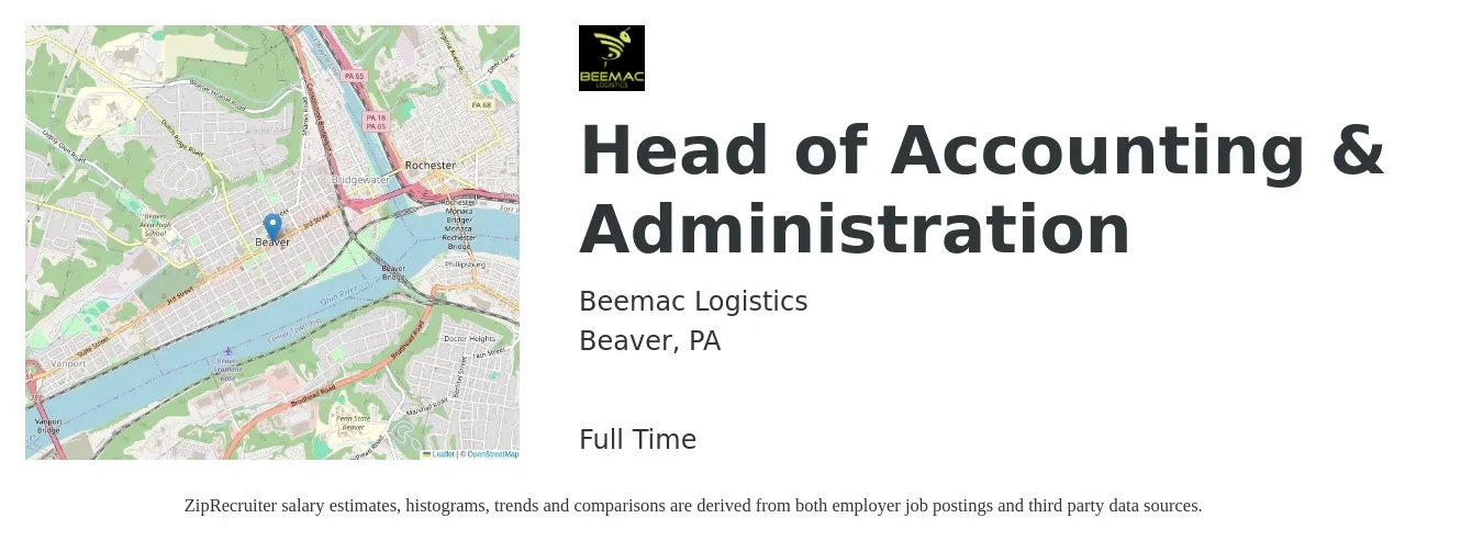 Beemac Logistics job posting for a Head of Accounting & Administration in Beaver, PA with a salary of $95,000 to $144,800 Yearly with a map of Beaver location.