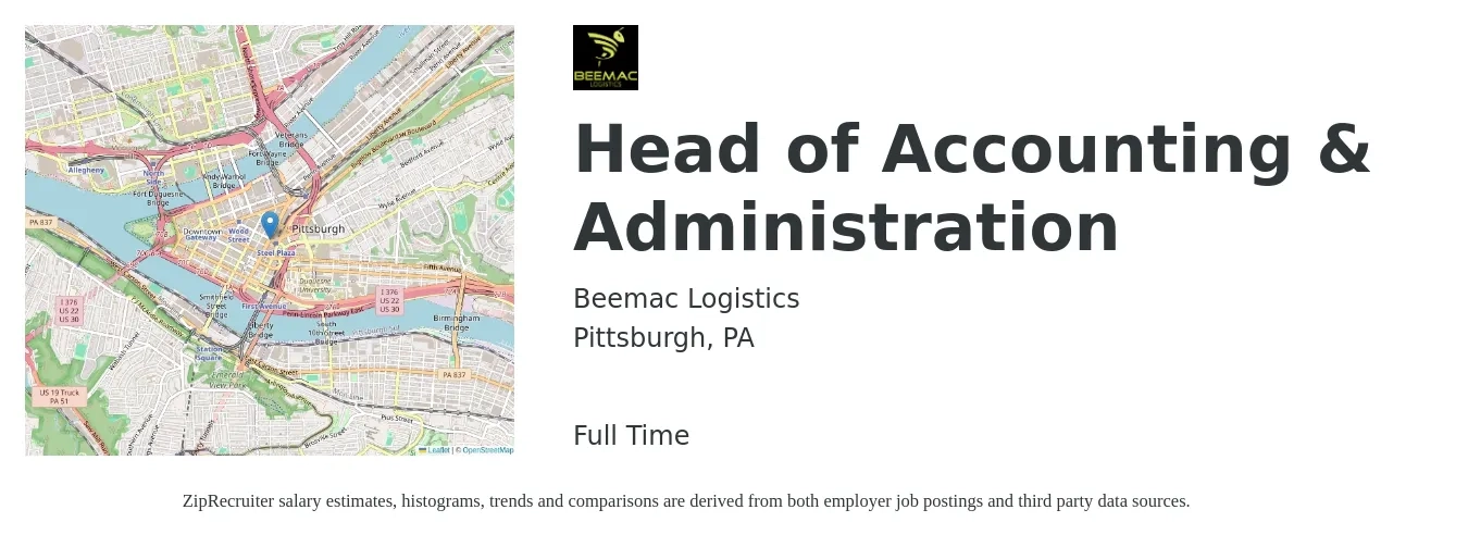 Beemac Logistics job posting for a Head of Accounting & Administration in Pittsburgh, PA with a salary of $101,900 to $155,300 Yearly with a map of Pittsburgh location.