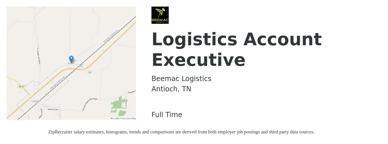 Beemac Logistics job posting for a Logistics Account Executive in Antioch, TN with a salary of $43,300 to $68,300 Yearly with a map of Antioch location.
