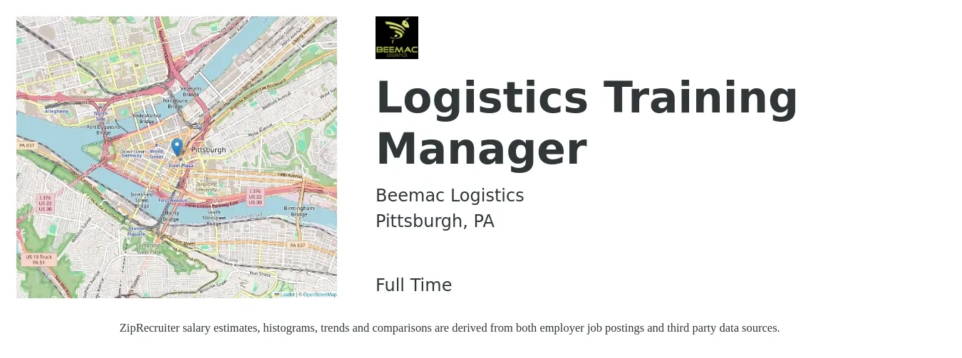 Beemac Logistics job posting for a Logistics Training Manager in Pittsburgh, PA with a salary of $54,900 to $87,900 Yearly with a map of Pittsburgh location.