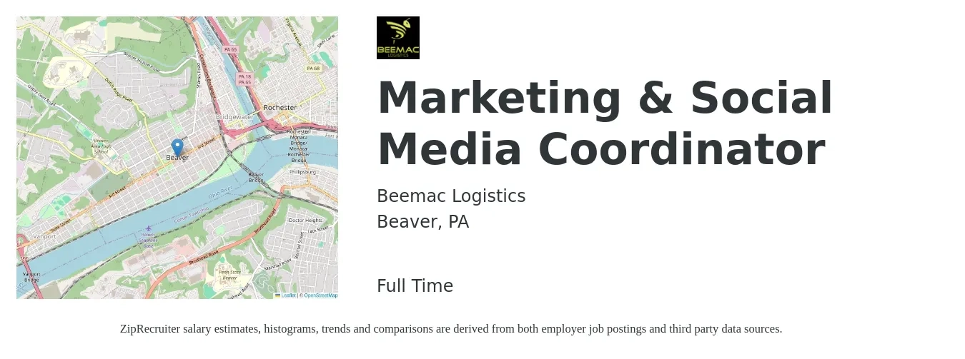 Beemac Logistics job posting for a Marketing & Social Media Coordinator in Beaver, PA with a salary of $38,500 to $52,900 Yearly with a map of Beaver location.