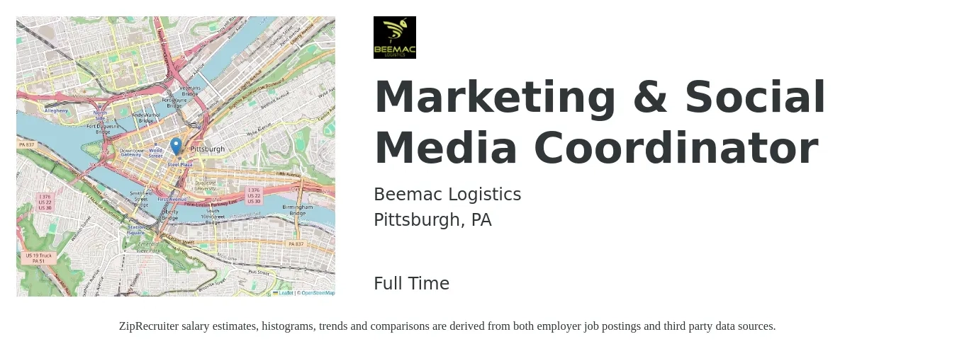 Beemac Logistics job posting for a Marketing & Social Media Coordinator in Pittsburgh, PA with a salary of $38,800 to $53,400 Yearly with a map of Pittsburgh location.