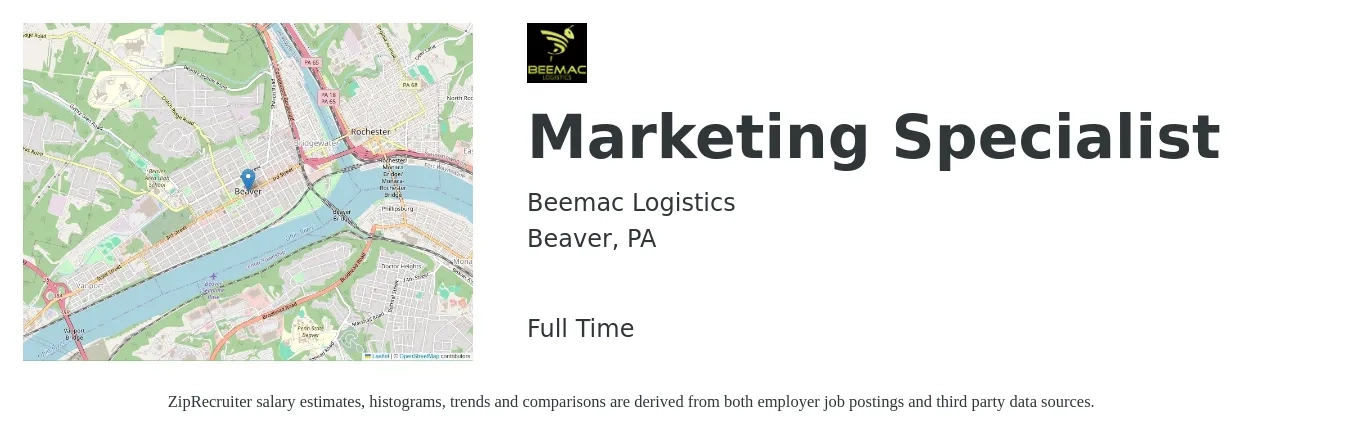 Beemac Logistics job posting for a Marketing Specialist in Beaver, PA with a salary of $43,000 to $63,300 Yearly with a map of Beaver location.