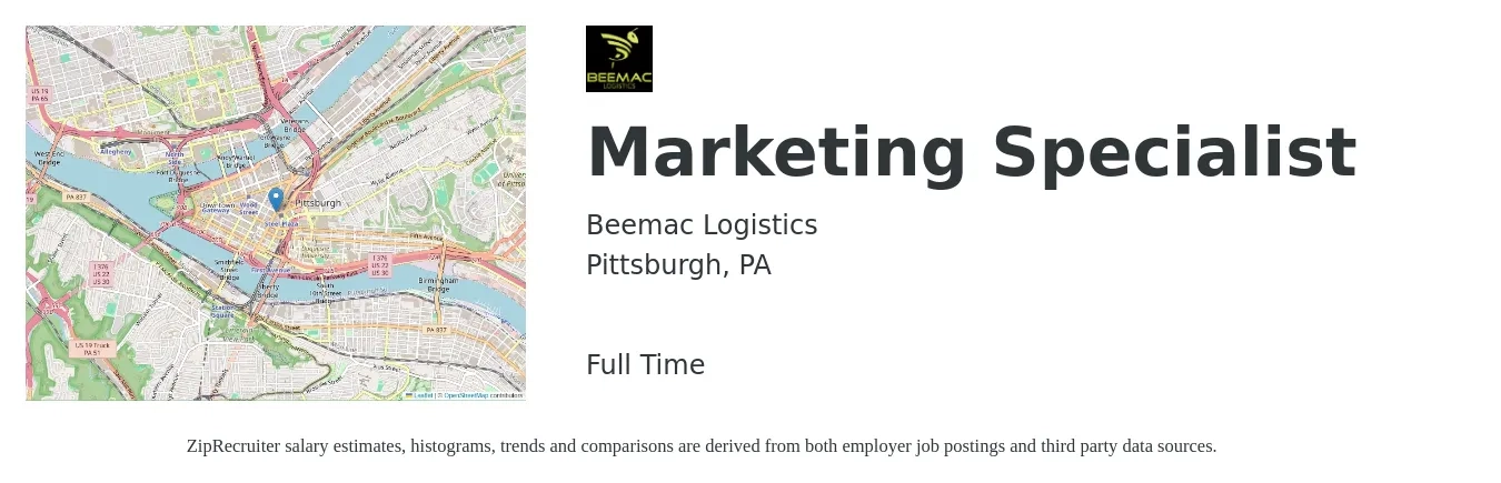 Beemac Logistics job posting for a Marketing Specialist in Pittsburgh, PA with a salary of $46,100 to $68,000 Yearly with a map of Pittsburgh location.