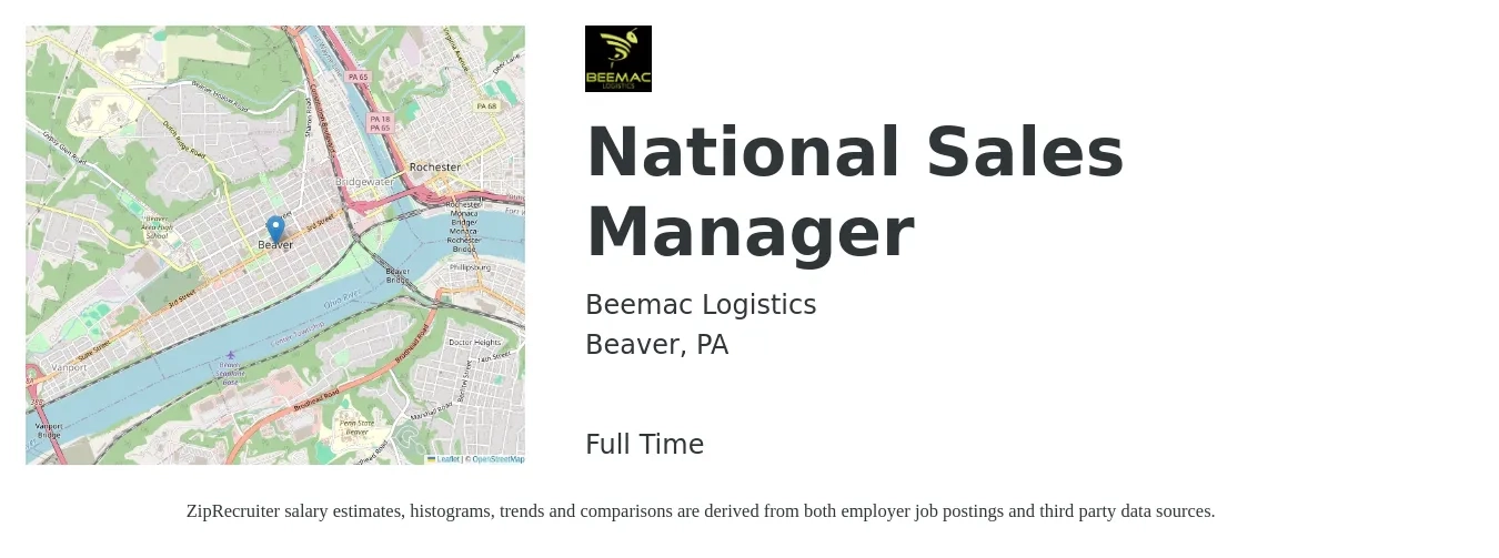 Beemac Logistics job posting for a National Sales Manager in Beaver, PA with a salary of $75,600 to $106,300 Yearly with a map of Beaver location.