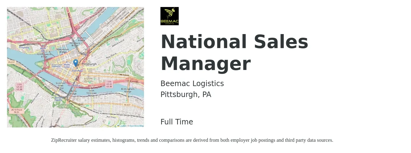 Beemac Logistics job posting for a National Sales Manager in Pittsburgh, PA with a salary of $81,100 to $114,100 Yearly with a map of Pittsburgh location.