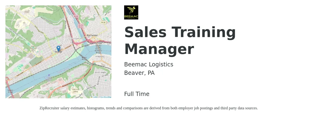 Beemac Logistics job posting for a Sales Training Manager in Beaver, PA with a salary of $44,800 to $76,900 Yearly with a map of Beaver location.