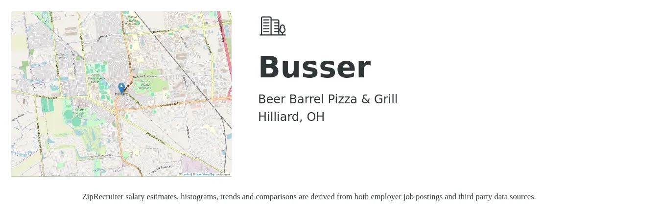 Beer Barrel Pizza & Grill job posting for a Busser in Hilliard, OH with a salary of $11 to $12 Hourly with a map of Hilliard location.