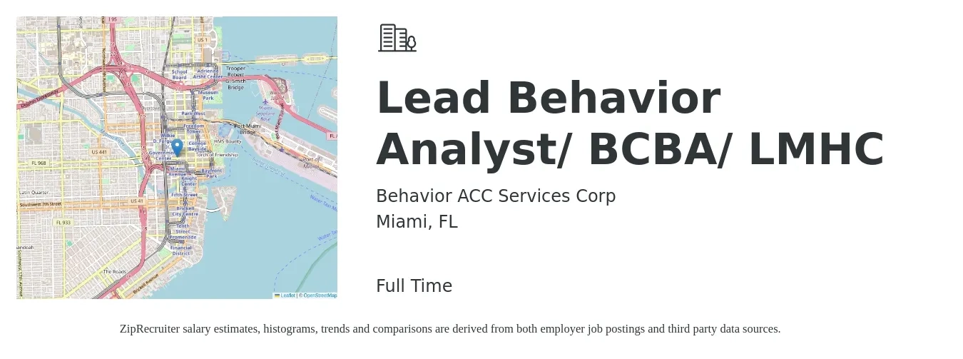 Behavior ACC Services Corp job posting for a Lead Behavior Analyst/ BCBA/ LMHC in Miami, FL with a salary of $70,800 to $86,600 Yearly with a map of Miami location.