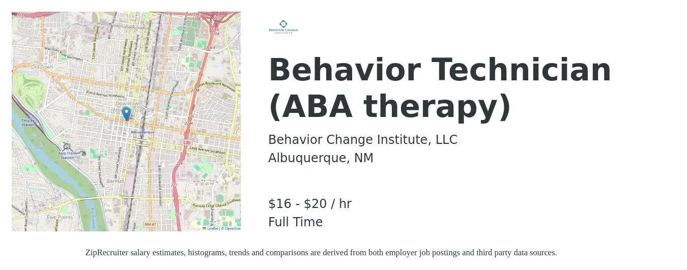 Behavior Change Institute, LLC job posting for a Behavior Technician (ABA therapy) in Albuquerque, NM with a salary of $17 to $21 Hourly with a map of Albuquerque location.