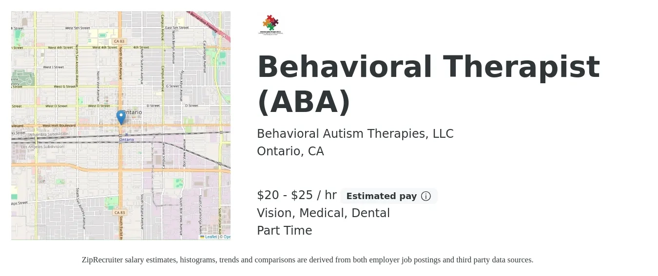 Behavioral Autism Therapies, LLC job posting for a Behavioral Therapist (ABA) in Ontario, CA with a salary of $21 to $26 Hourly and benefits including dental, life_insurance, medical, and vision with a map of Ontario location.