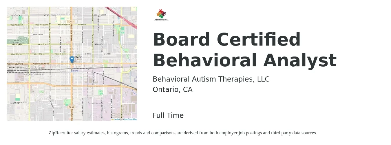 Behavioral Autism Therapies, LLC job posting for a Board Certified Behavioral Analyst in Ontario, CA with a salary of $75,300 to $92,100 Yearly and benefits including vision, dental, life_insurance, medical, pto, and retirement with a map of Ontario location.
