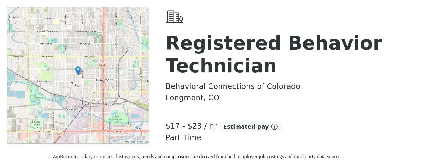 Behavioral Connections of Colorado job posting for a Registered Behavior Technician in Longmont, CO with a salary of $18 to $24 Hourly and benefits including pto, and retirement with a map of Longmont location.