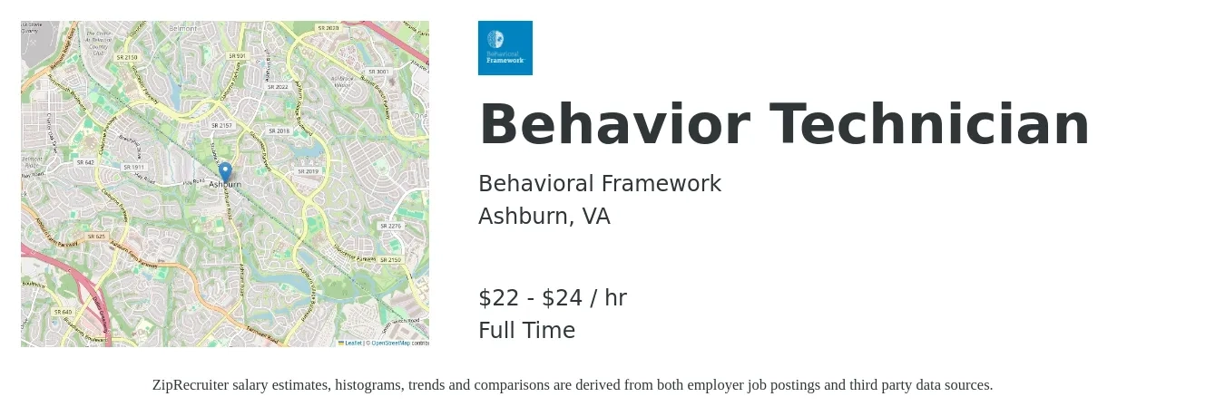 Behavioral Framework job posting for a Behavior Technician in Ashburn, VA with a salary of $23 to $25 Hourly with a map of Ashburn location.